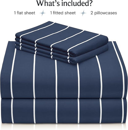LuxClub 4 PC Full Size Sheet Set, Breathable Luxury Bed Sheets, Deep Pockets 18" Wrinkle Free Cooling Machine Washable Hotel Bedding (Striped Navy)