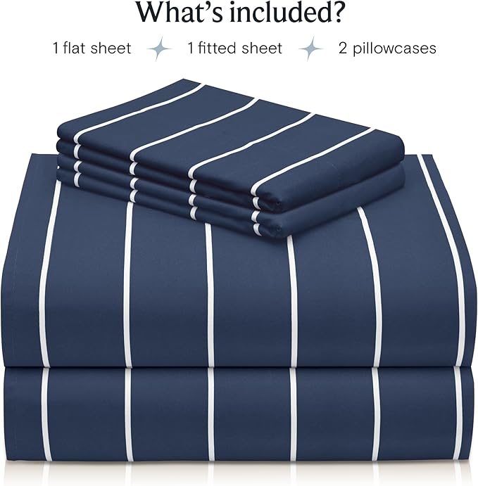 LuxClub 4 PC Cal King Size Sheet Set, Breathable Luxury Bed Sheets, Deep Pockets 18" Wrinkle Free Cooling Machine Washable Hotel Bedding (Striped Navy)