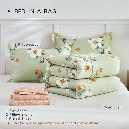 AIKASY 7 Piece Floral Comforter Set Queen Size - Soft Microfiber Bed in a Bag with Sheet Set for All Seasons - Green Flower Botanical Design - Reversible Bedding Set