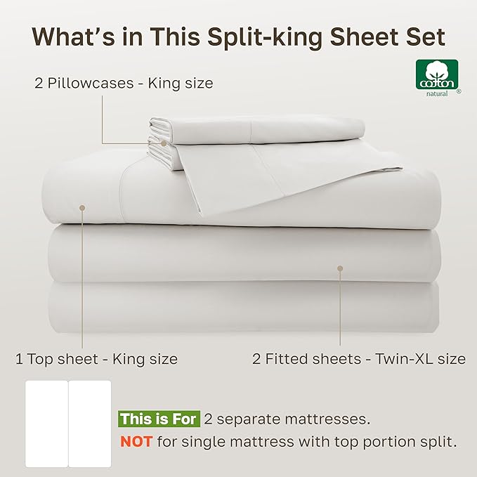 California Design Den Split King Sheets Sets for Adjustable Bed - 100% Cotton, 500 Thread Count Sateen, Deep Pocket Sheet & Pillowcase Sets – True Ivory