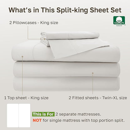 California Design Den Split King Sheets Sets for Adjustable Bed - 100% Cotton, 500 Thread Count Sateen, Deep Pocket Sheet & Pillowcase Sets – True Ivory