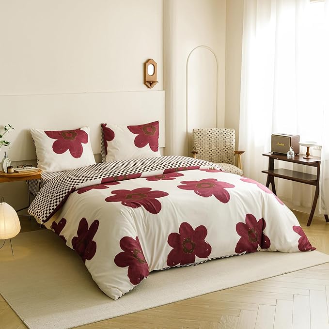 KAREVER Burgundy Floral Comforter Queen White with Burgundy Flower Bedding Set 3 PCs Comforter Set Queen Size Comforter (90x90 Inches) with 2 Pillowcases (26x26 inches)