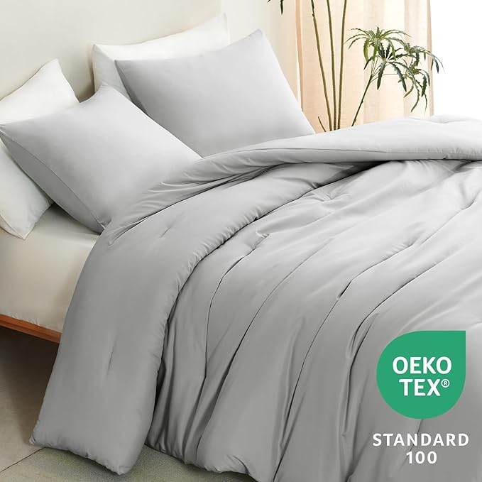 CozyLux King Size Comforter Set Light Grey, 3 Pieces Solid Comforters King Size Breathable Bedding Sets, Light Gray Luxury Soft Lightweight Bed Set with Down Alternative Comforter and 2 Pillowcases