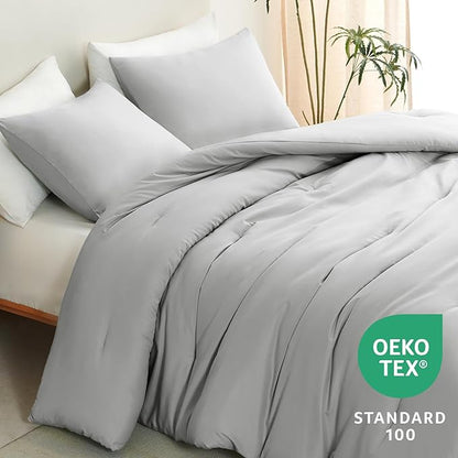 CozyLux King Size Comforter Set Light Grey, 3 Pieces Solid Comforters King Size Breathable Bedding Sets, Light Gray Luxury Soft Lightweight Bed Set with Down Alternative Comforter and 2 Pillowcases