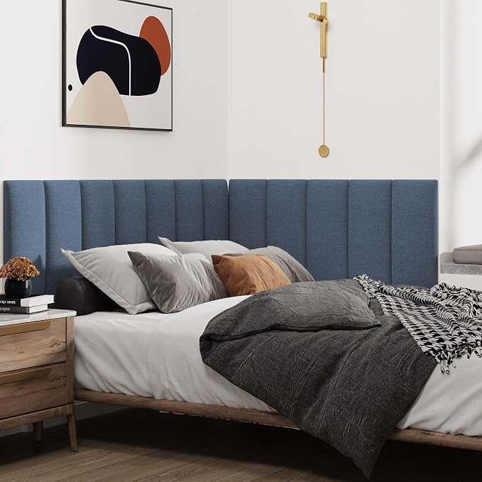 IFNOW Wall Mounted Headboard, Peel and Stick Panels, Blue, Queen | 3D Soundproof Acoustic Padding, Reusable and Removable Tufted fabric Bed Headboard for bedroom (9 Panels, 10" x 24")