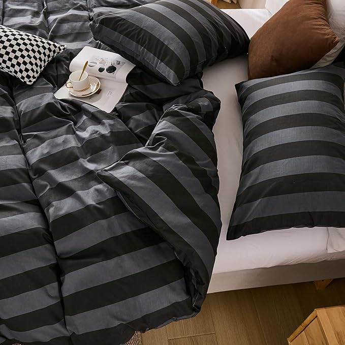 Merryword Black and Gray Striped Duvet Cover Set Queen Size - 100% Cotton Bedding Set with Zipper & Corner Ties, 3-Piece Luxury Linen Like Bedding Set for All Seasons