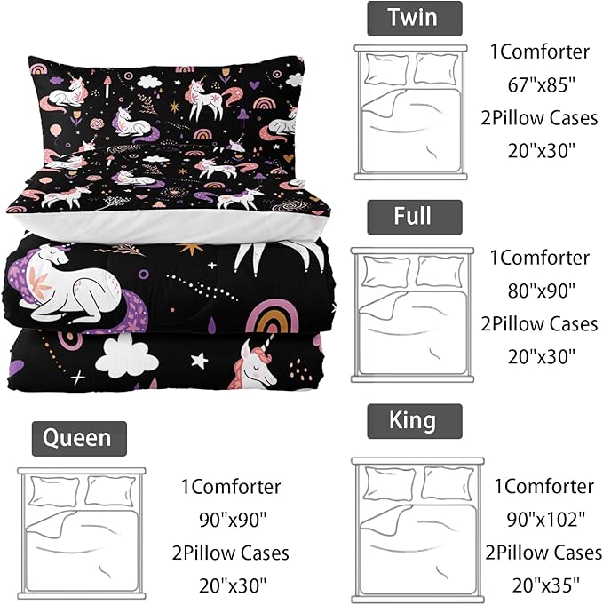 Unicorn 3 Piece Girl Bedding Set King Size,Black 3 Pieces Bedding Set for Girls Kids,Unicorn Comforter Set Girls Room Decor,Rainbow Clouds Star Quilt Set (1 Comforter 2 Pillowcase),All Seasons