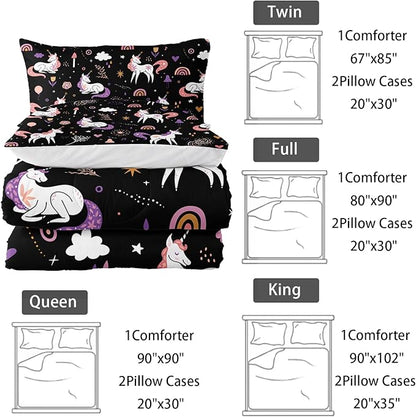 Unicorn 3 Piece Girl Bedding Set King Size,Black 3 Pieces Bedding Set for Girls Kids,Unicorn Comforter Set Girls Room Decor,Rainbow Clouds Star Quilt Set (1 Comforter 2 Pillowcase),All Seasons