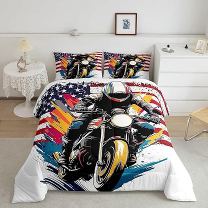 Feelyou Dirt Bike Comforter Set Toddler Size American Flag Comforter Extreme Sports Bedding Set Racing Motocross Rider Duvet Set Room Decor White Quilt Set