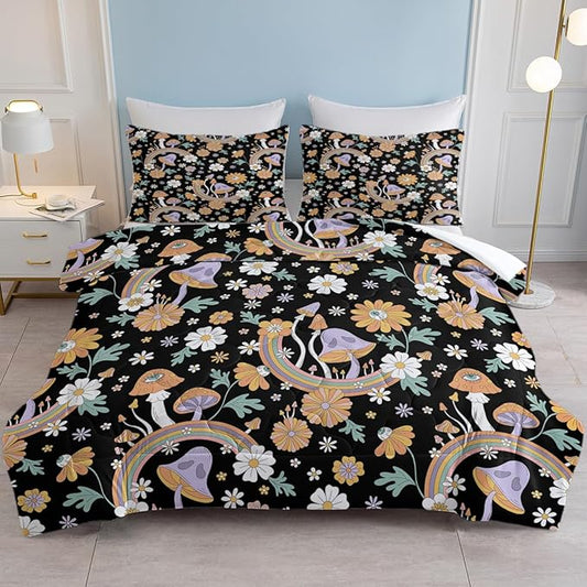 SOULZZZ Retro Hippie Mushroom Bedding Set Queen Size, Floral Daisy Mushroom Quilt for Girls Women Flower Green Leaf Rainbow Mushroom Black Comforter with 2 Pillowcases