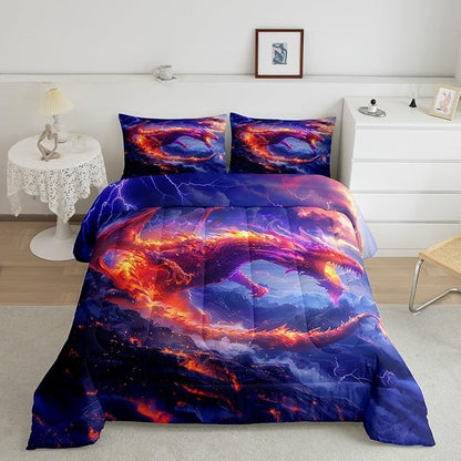 Fire Dragon Comforter Set Queen Size,Galaxy Starry Sky Flame Dragon Bedding Set,Kids Girls Boys Teens Bedroom Decor,Western Magical Style Quilt Set Lightning Wild Animals Duvet Insert,2 Pillowcases