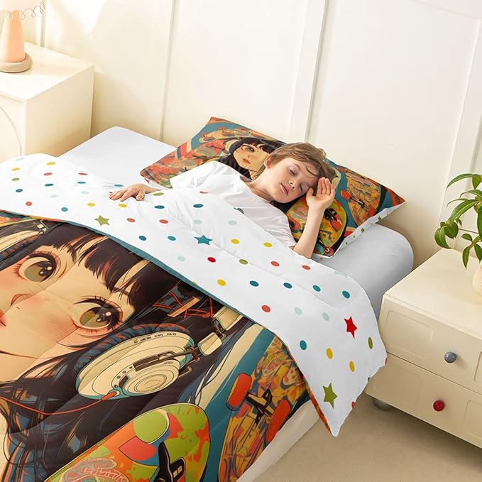 Erosebridal 2Pcs Anime Bedding Fashion Street Girls Comforter Set 3D Cartoon Printed Comfortable Soft Bed Set for Kids Boys Girls Teens Tattoo Watercolor Art Japanese Style Duvet Set Twin Size