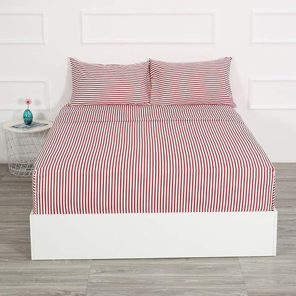 Best Season Ticking Stripe Sheet Set,4 Piece Full Size Microfiber Bedding,Burgundy Red and White Pinstripe Patterned,Deep Pocket