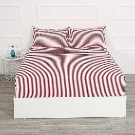 Best Season Ticking Stripe Sheet Set,4 Piece Full Size Microfiber Bedding,Burgundy Red and White Pinstripe Patterned,Deep Pocket