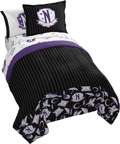 Jay Franco Wednesday Addams Twin Comforter Set 5 Piece Bedding Includes Sheet Set & Pillow Covers - Black and Grey Stripes Super Soft Kids Bedding