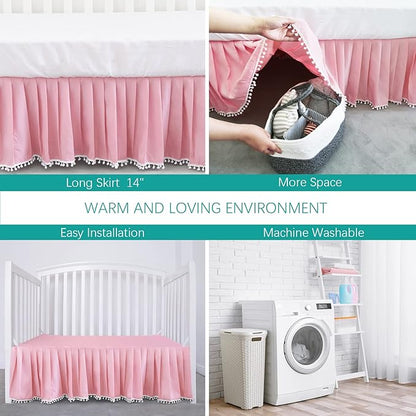 Pink Crib Skirt Pleated with White Lovely Pompoms, Bedding Dust Ruffle for Girls, 14" Drop, Fit All Standard Crib Bed, Fade Resistant Crib Bed Skirt Machine Wash