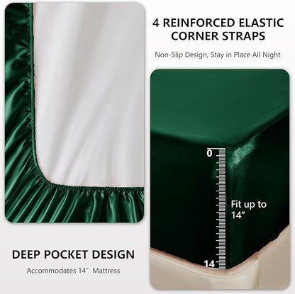 CozyLux Satin Sheets Queen Size Bed Set - 4 Piece Silky Queen Sheet Set, Luxury Dark Green Queen Sheets with Smooth and Soft Microfiber, Includes 1 Fitted Sheet, 1 Flat Sheet and 2 Pillowcases