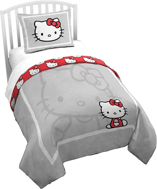 Jay Franco Duvet Cover Set – 2 Piece Comforter Cover and Sham Set, Super Soft Cozy Bedding (Insert Not Included) Grey - Hello Kitty, Twin