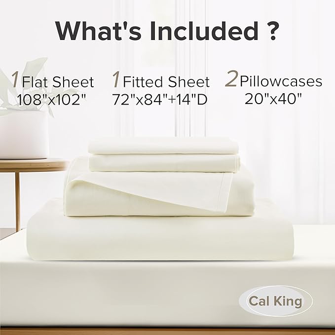 Comfort Spaces 100% Cotton Sheets Cal King, Breathable & Soft Cotton Sheets, Naturally Cool Cotton Bed Sheets with 14" Elastic Pocket Fits up to 16" Mattress, All Season Sheet Set, Ivory 4 Piece