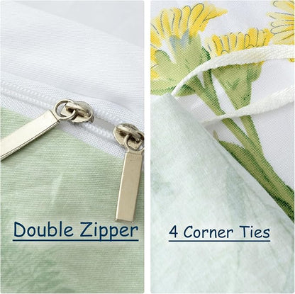 FADFAY Duvet Cover Set Full Shabby Green Daisy and Lavender Flowers Botanical Comforter Cover 100% Cotton with Hidden Zipper Closure 3-Piece, 1 Duvet Cover & 2 Pillowcases Full Size