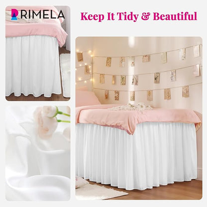 RIMELA Dorm Bed Skirt Twin XL 22 Inch Drop, Extra Long Wrap Around Elastic Bed Skirts Easy to Put On Twin Size Dust Ruffle, White Bedskirt for Adjustable Bed Base Solid Silky Fabric Machine Washable