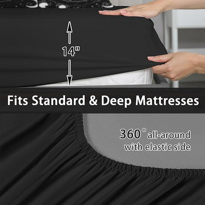 7 Pcs Full Size Comforter Set with 2 Pillowcases & 2 Shams, Black Gothic Tree of Life Bedding for Kids and Adults, Nature Sun and Moon Bed in a Bag with Flat Fitted Sheet