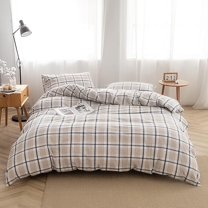 FACE TWO FACE Bedding Duvet Cover Set100% Washed Cotton Duvet Cover Linen Like Textured Breathable Durable Soft Comfy(Queen, Blue Grid)