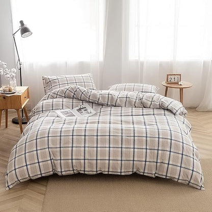 FACE TWO FACE Bedding Duvet Cover Set100% Washed Cotton Duvet Cover Linen Like Textured Breathable Durable Soft Comfy(Queen, Blue Grid)