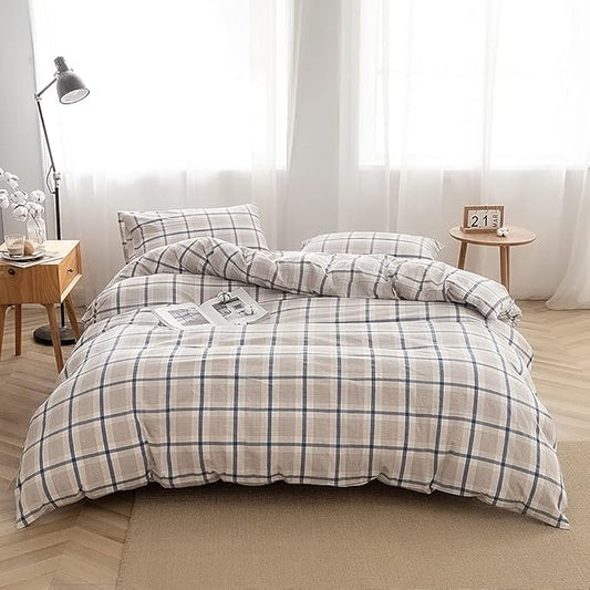 FACE TWO FACE Bedding Duvet Cover Set100% Washed Cotton Duvet Cover Linen Like Textured Breathable Durable Soft Comfy(Queen, Blue Grid)