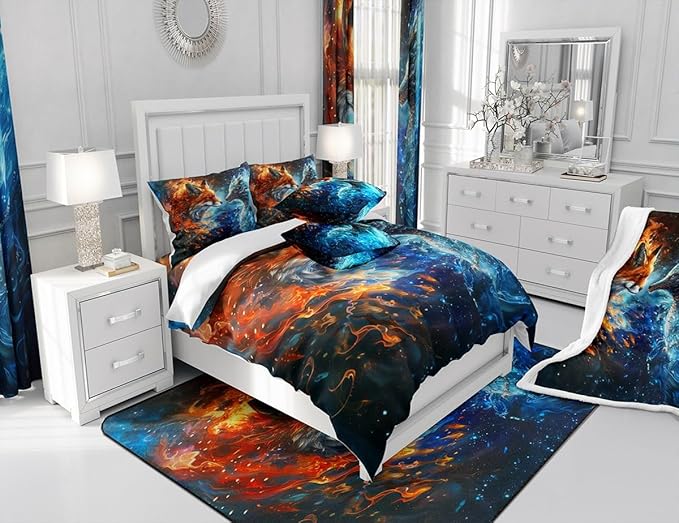 Fox and Dragon Comforter Set Queen Size,3D Flaming Ice Collision Bedding Set,Western Magical Style Animals Quilt Set for Kids Boys Girls Adult Room Decor,Galaxy Universe Duvet Insert,2 Pillowcases