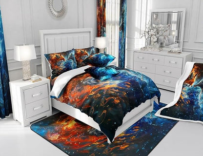 Fox and Dragon Comforter Set Queen Size,3D Flaming Ice Collision Bedding Set,Western Magical Style Animals Quilt Set for Kids Boys Girls Adult Room Decor,Galaxy Universe Duvet Insert,2 Pillowcases