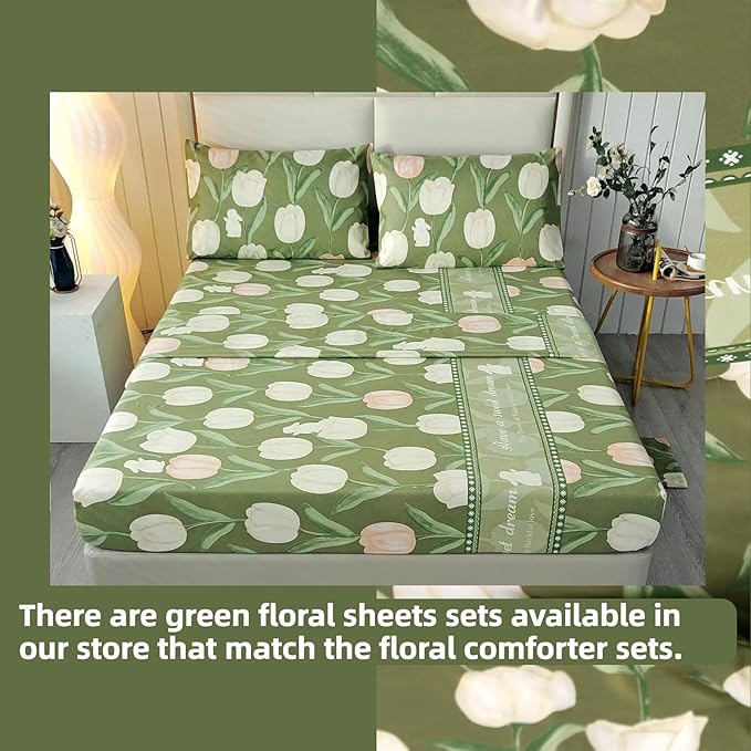 SDIII Rabbit and Green Floral Comforter Set Twin 3 Pieces, Soft Microfiber Green Floral Comforter Twin Size, Botanical Bedding Set All Season
