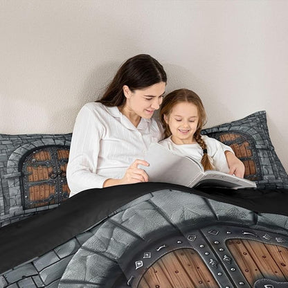 Castle Walls Kids Comforter Set,Fairytale Medieval Themed Duvet Set for Room Decor,Knight Wall Brushed Microfiber Soft Quilt Cover,Full Size 3 PCS