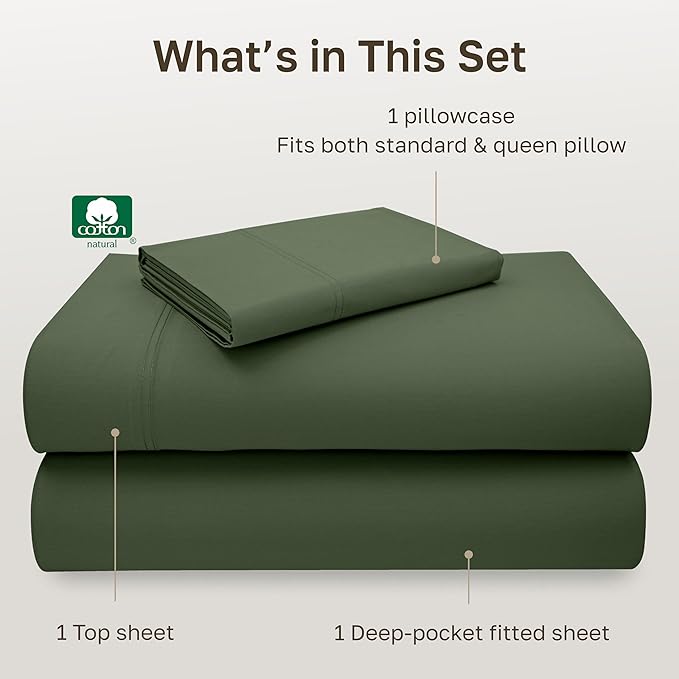 California Design Den Twin XL Bed Sheets Set - Luxury 600 Thread Count 100% Cotton Sheets Sateen, Deep Pocket Extra Long Twin Sheets Cotton Set - Dark Olive Green