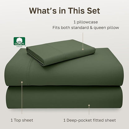 California Design Den Twin XL Bed Sheets Set - Luxury 600 Thread Count 100% Cotton Sheets Sateen, Deep Pocket Extra Long Twin Sheets Cotton Set - Dark Olive Green