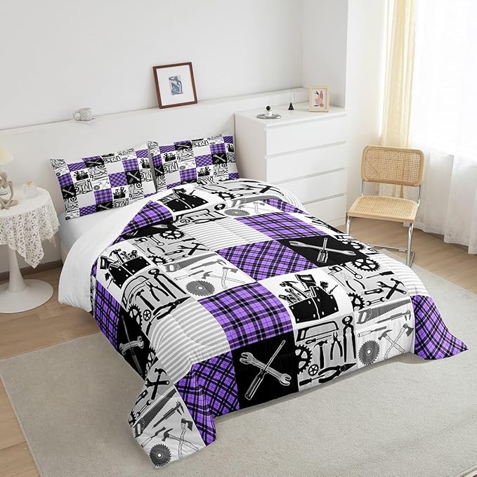 Kids Girls Cars Comforter Set Wrench Repair Outfit Bedding Set Farmhouse Gingham Check Bedding Home Decor Gray Purple Comforter King Size 3 Pieces Quilted Duvet Set with 2 Pillowcase