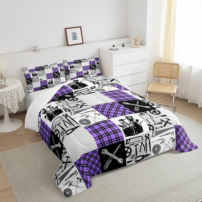 Kids Girls Cars Comforter Set Wrench Repair Outfit Bedding Set Farmhouse Gingham Check Bedding Home Decor Gray Purple Comforter Queen Size 3 Pieces Quilted Duvet Set with 2 Pillowcase
