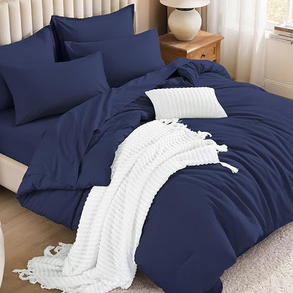 Litanika Super King Plus Comforter Sets Navy Blue - 7 Pieces Bed in a Bag Beddding Sets, Solid Lightweight Bed Set with Comforter, Sheets, Pillowcases & Shams