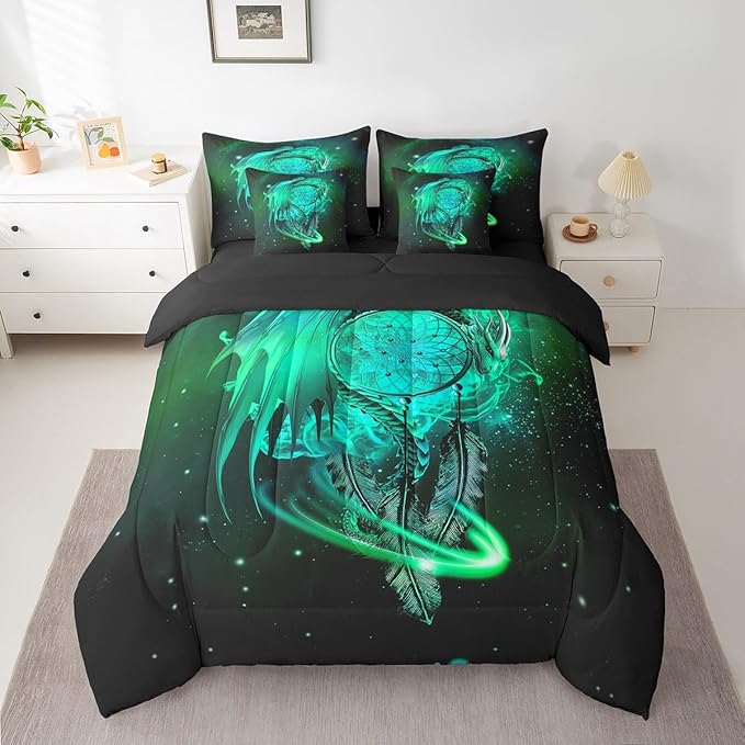 Erosebridal Gothic Dragon Dream Catchers Bed in a Bag Queen Comforter Set 7 Piece,Light Green Galaxy Bohemian Feather Bedding Sets Antique Animal Pterosaur Sheet Set with Comforter