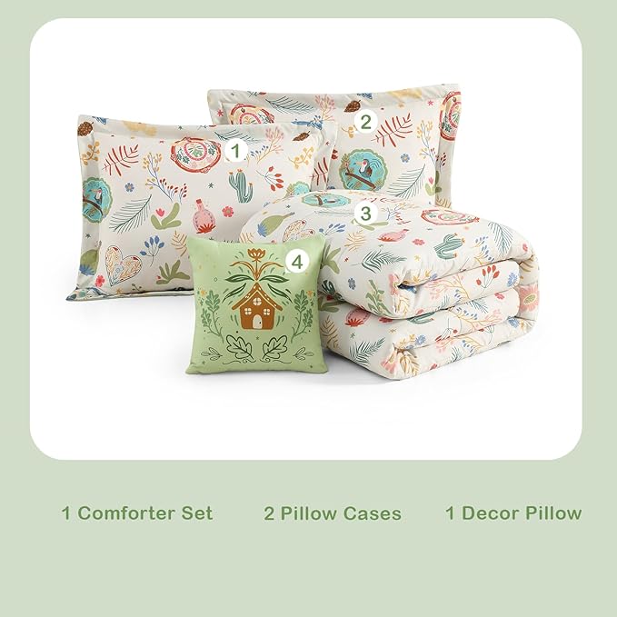 Kids Comforter Set Full Size for Girls, Forest Friends Bedding Set 1 Comforter, 1 Decor Pillow, 2 Pillow Shams