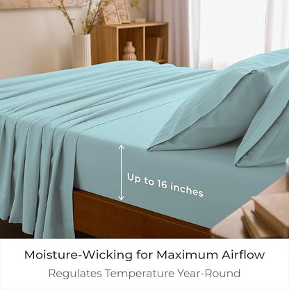 Mellanni Twin Sheet Set - 4-Piece Iconic Collection Bedding, (Including 2 Pillowcases), 16-Inch Deep Pocket, Easy Care, Extra Soft, Cooling Sheets, Brushed Microfiber - Aqua