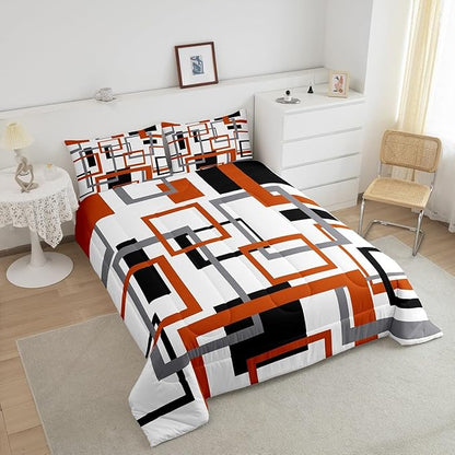 Erosebridal Geometric Square Comforter Set for Men Women,White Black Orange Bedding Set,Abstract Grid Patchwork Quilt Set Lightweight,Modern Down Comforter with 2 Pillow Shams,Full Size