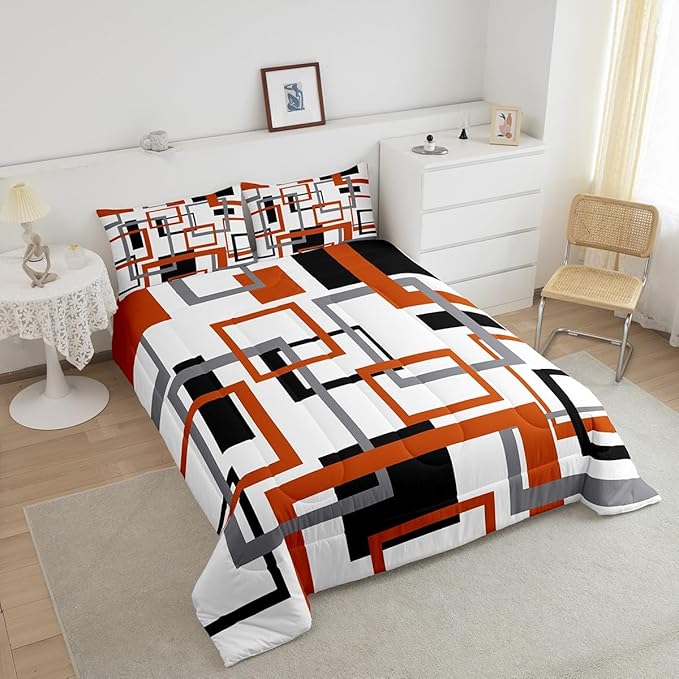 Erosebridal Geometric Square Comforter Set for Men Women,White Black Orange Bedding Set,Abstract Grid Patchwork Quilt Set Lightweight,Modern Down Comforter with 1 Pillow Sham,Twin Size