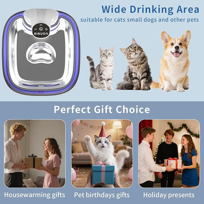 Cat Water Fountain Cordless 118oz/3.5L Wireless & Battery Operated Pet Water Fountain for Indoor Cats, Stainless Steel Tray with Sensor & Timer Modes, Ultra-Quiet, BPA-Free (Cat Fountain+2Filters)