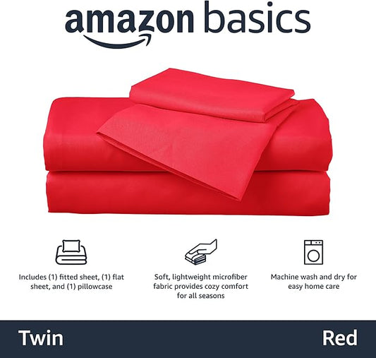 Amazon Basics Kid's Soft, Breathable, Machine Washable Microfiber 3-Piece Sheet Set with Pillowcase, Twin, Red, Solid