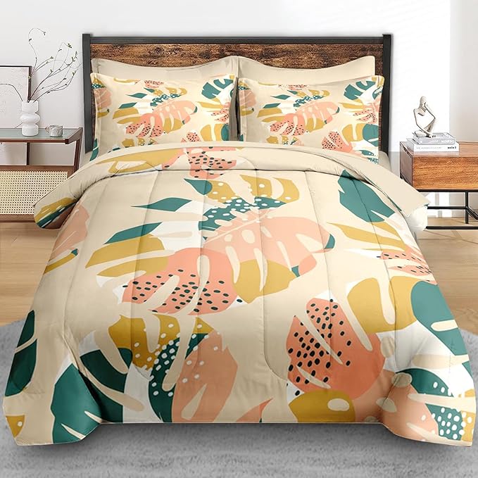Comforter Set Full Size, Monstera Palm Leaf Botanical 7 Pcs Bedding for Kids and Adults, Spring Summer Green Bed Sheet Sets with Fitted Sheet 2 Pillowcase & 2 Sham for Bedroom Bed Decor
