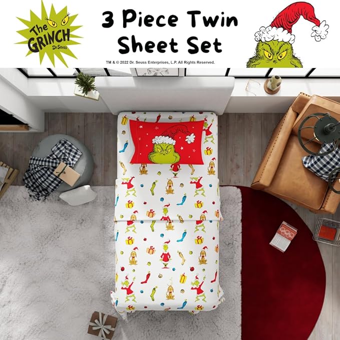 Collectibles Dr. Seuss The Grinch Holiday & Christmas Bedding Super Soft Microfiber 3 Piece Twin Sheet Set, (Officially Licensed Product) by Franco