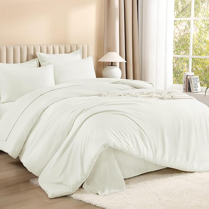 Litanika Full Size Comforter Set Ivory - 7 Pieces Bed in a Bag Full Bedding Comforter Sets, Solid Lightweight Bed Set with Comforter, Sheets, Pillowcases & Shams