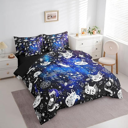 Castle Fairy Gothic Cat Skull Comforter Set 7 Pieces Full Size,Blue Galaxy Starry Bedding Set for Kids,Boho Constellation (Comforter+Fitted+Flat Sheet+2 Pillowcases+2 Throw Pillow Covers)