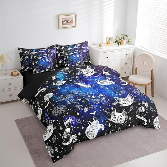 Gothic Cat Skull Comforter Set 7 Pieces Queen Size,Blue Galaxy Starry Bedding Set for Kids,Boho Constellation (Comforter+Fitted+Flat Sheet+2 Pillowcases+2 Throw Pillow Covers)